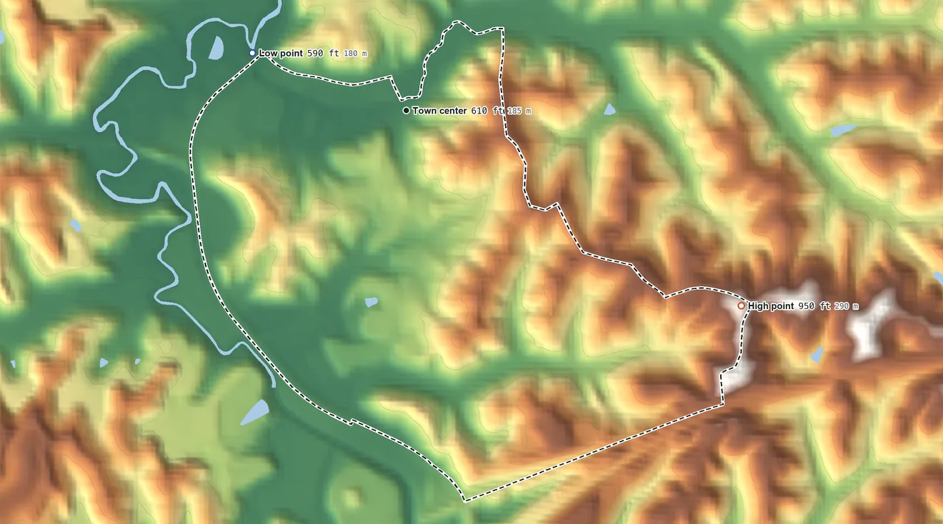 Topographic elevation map of Cannonsburg, Kentucky, shaded from 590 ft on the west side to 950 ft on the southeast side