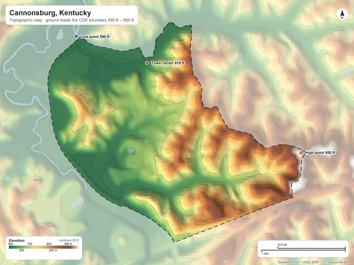 Topographic elevation map of Cannonsburg, Kentucky, shaded from 590 ft on the west side to 950 ft on the southeast side