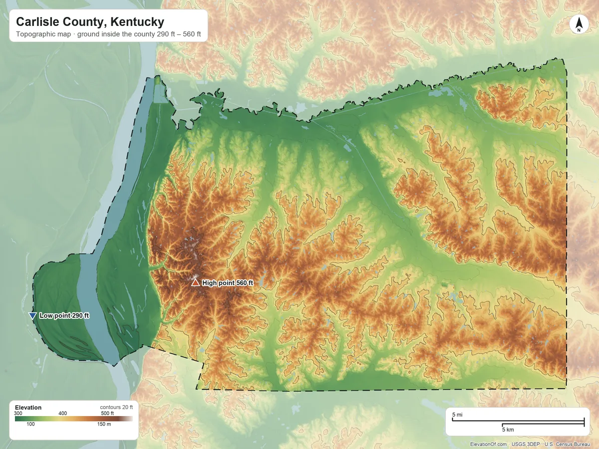 Topographic elevation map of Carlisle County, Kentucky, shaded from 290 ft on the west side to 560 ft on the southwest side