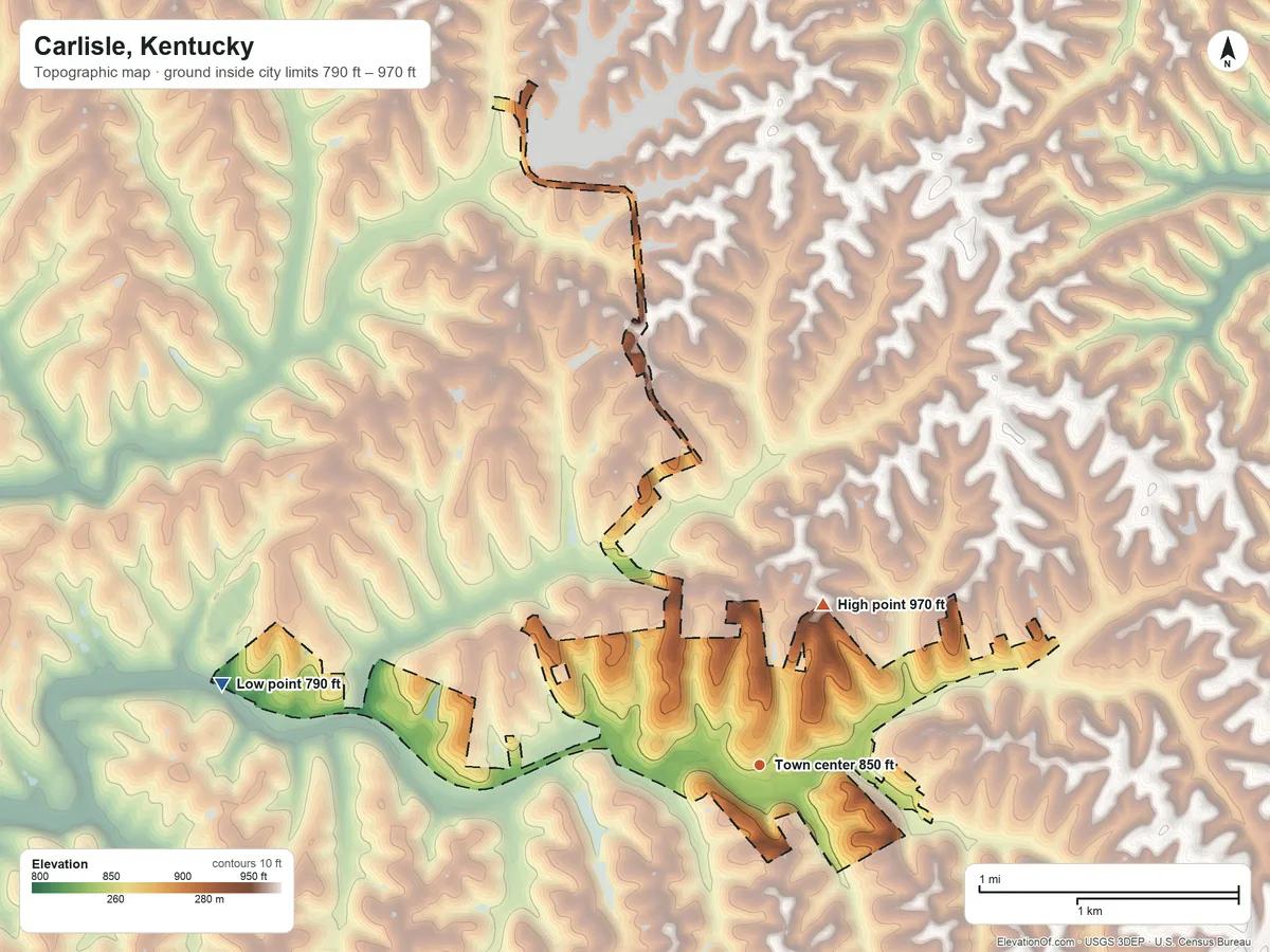 Topographic elevation map of Carlisle, Kentucky, shaded from 790 ft on the west side to 970 ft on the north side