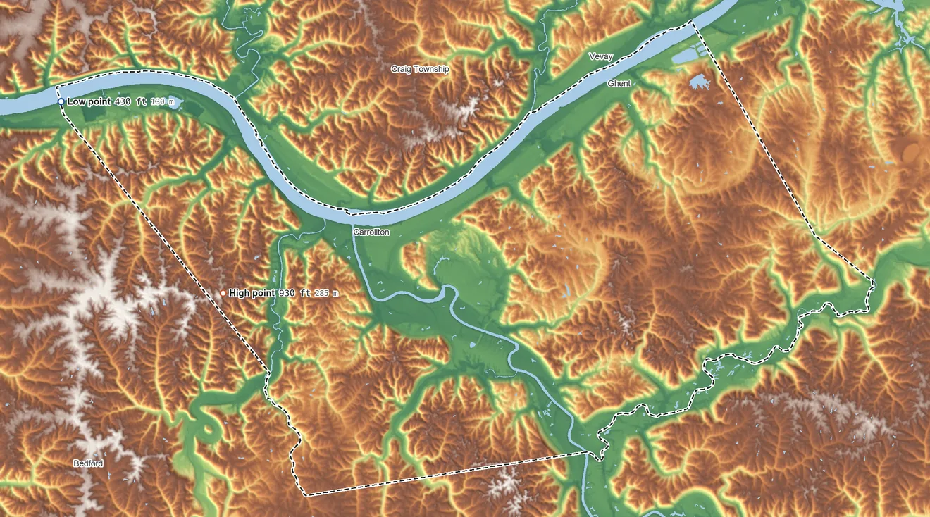 Topographic elevation map of Carroll County, Kentucky, shaded from 430 ft on the west side to 930 ft on the west side