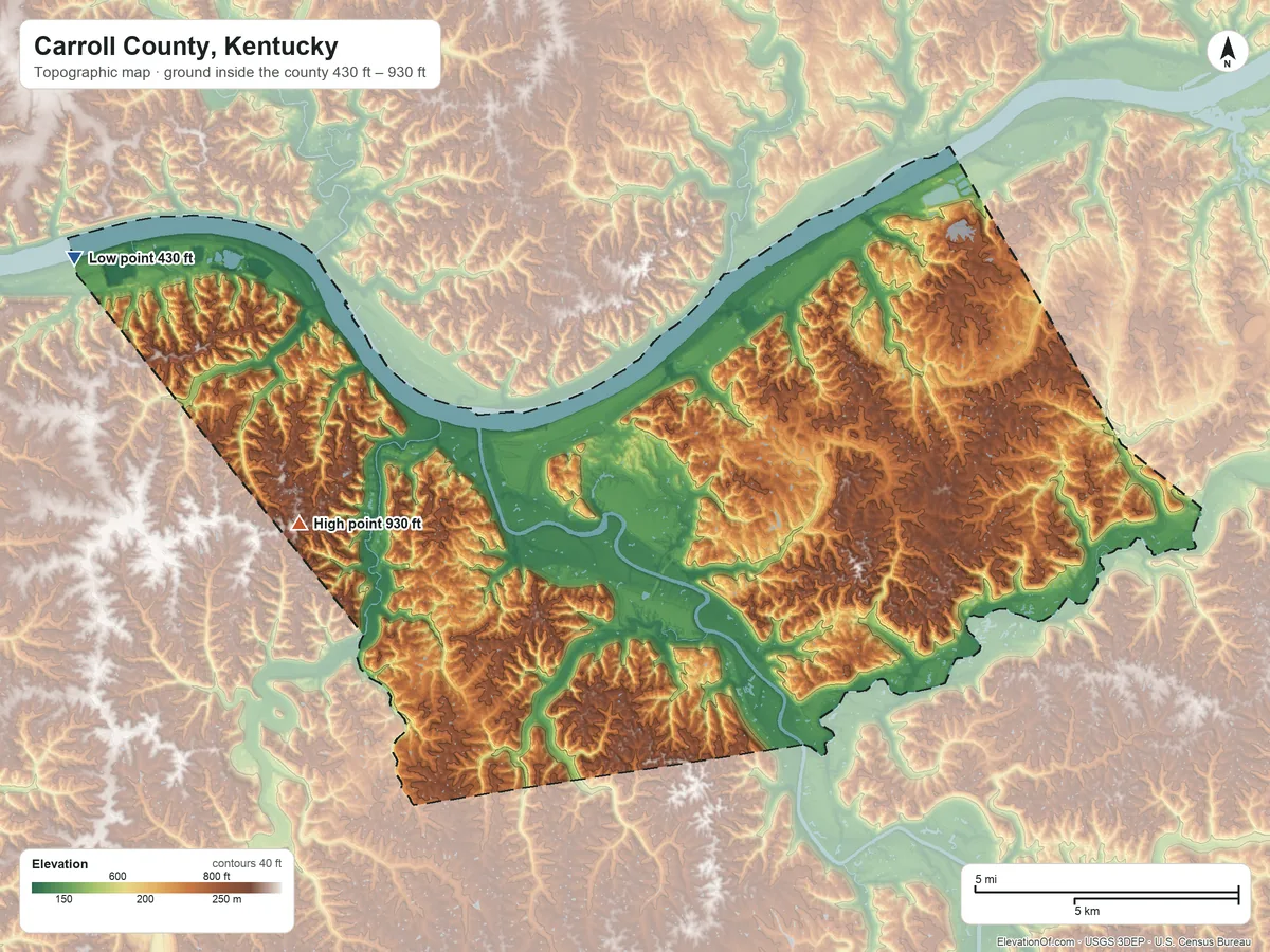 Topographic elevation map of Carroll County, Kentucky, shaded from 430 ft on the west side to 930 ft on the west side