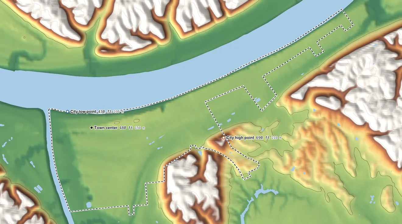 Topographic elevation map of Carrollton, Kentucky, shaded from 430 ft near the middle to 690 ft on the east side