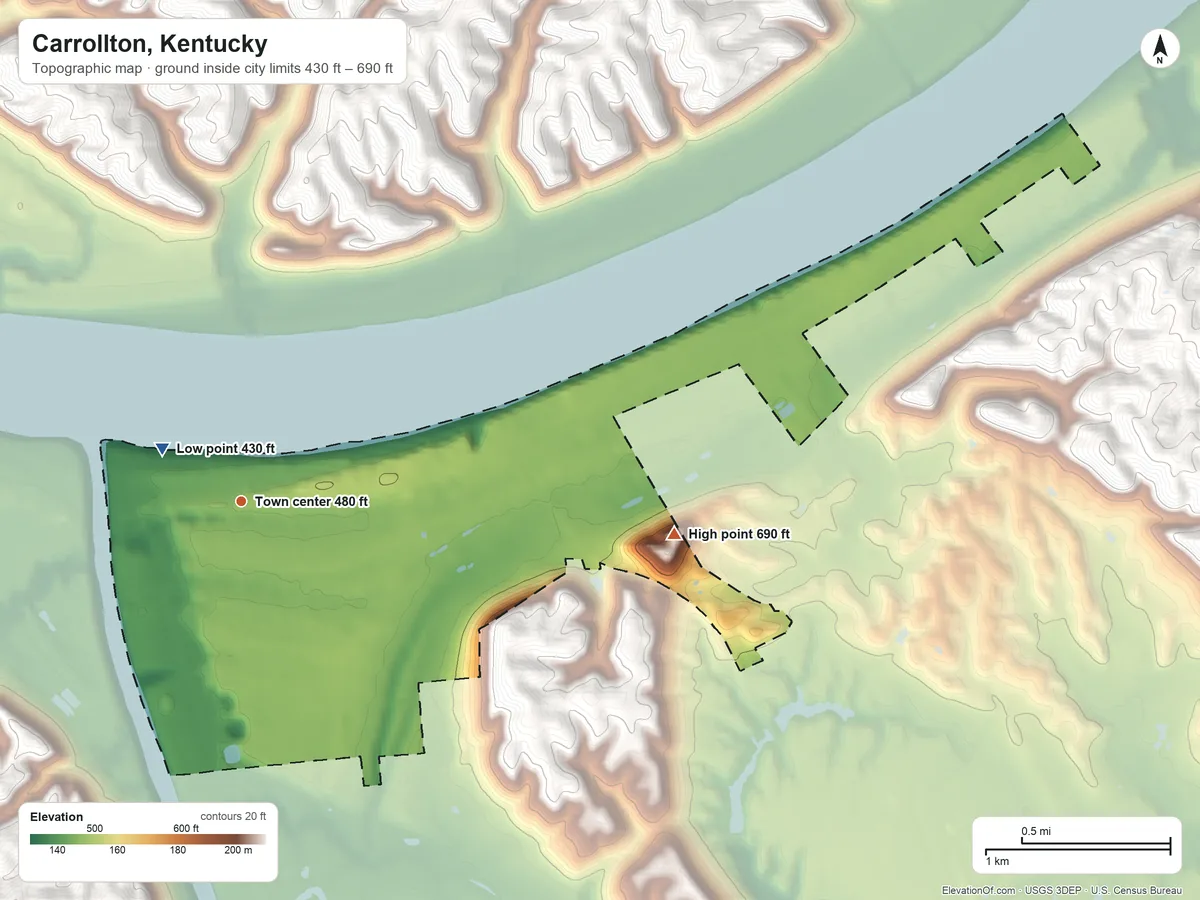 Topographic elevation map of Carrollton, Kentucky, shaded from 430 ft near the middle to 690 ft on the east side