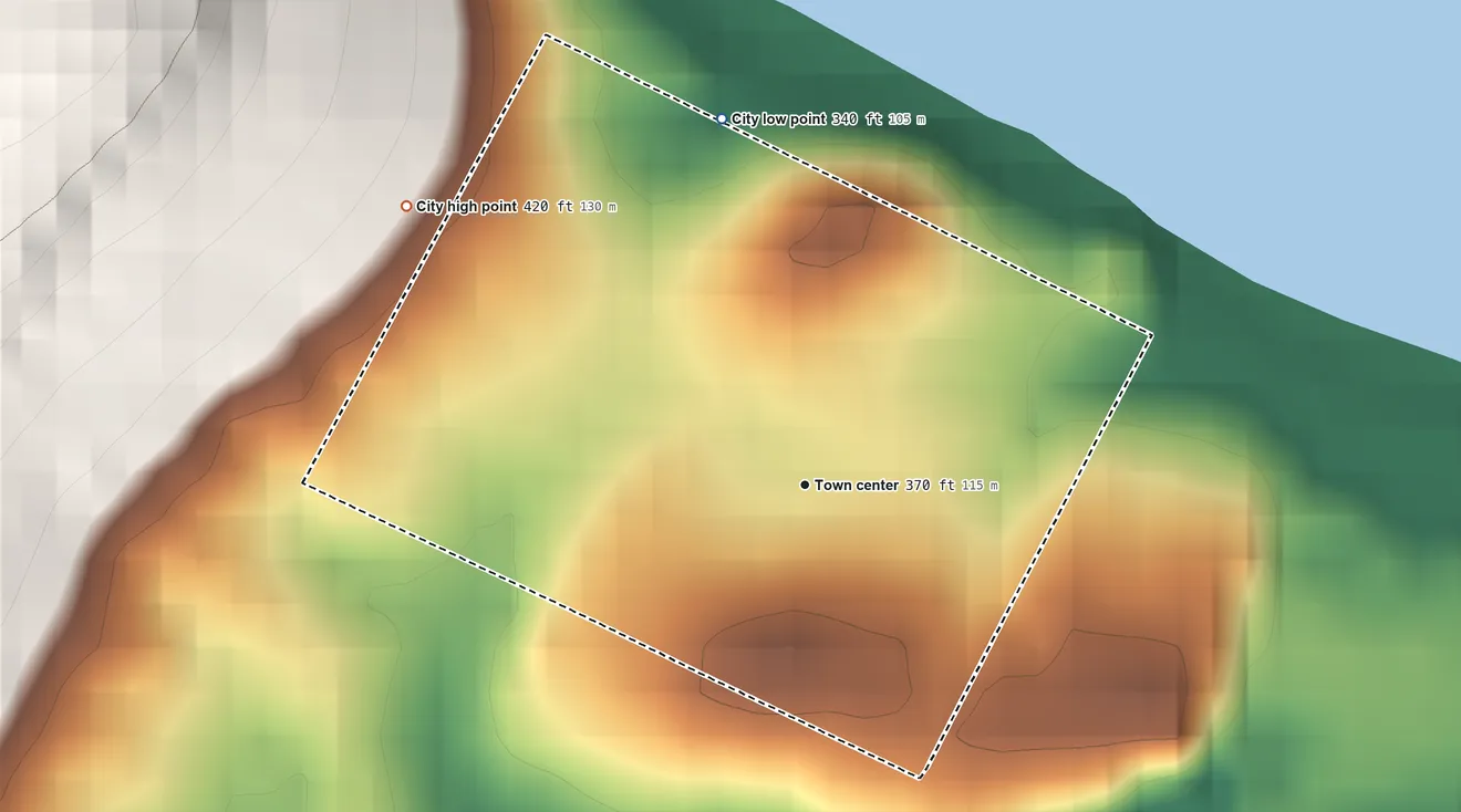 Topographic elevation map of Carrsville, Kentucky, shaded from 340 ft on the north side to 420 ft on the northwest side