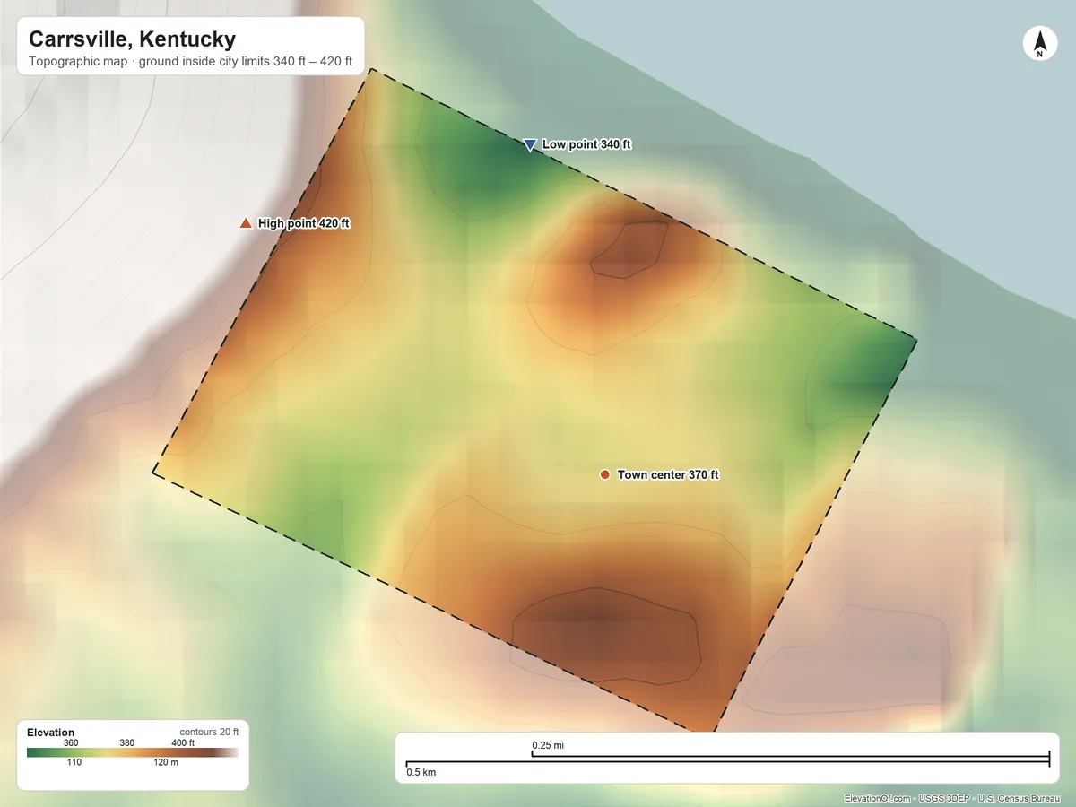 Topographic elevation map of Carrsville, Kentucky, shaded from 340 ft on the north side to 420 ft on the northwest side