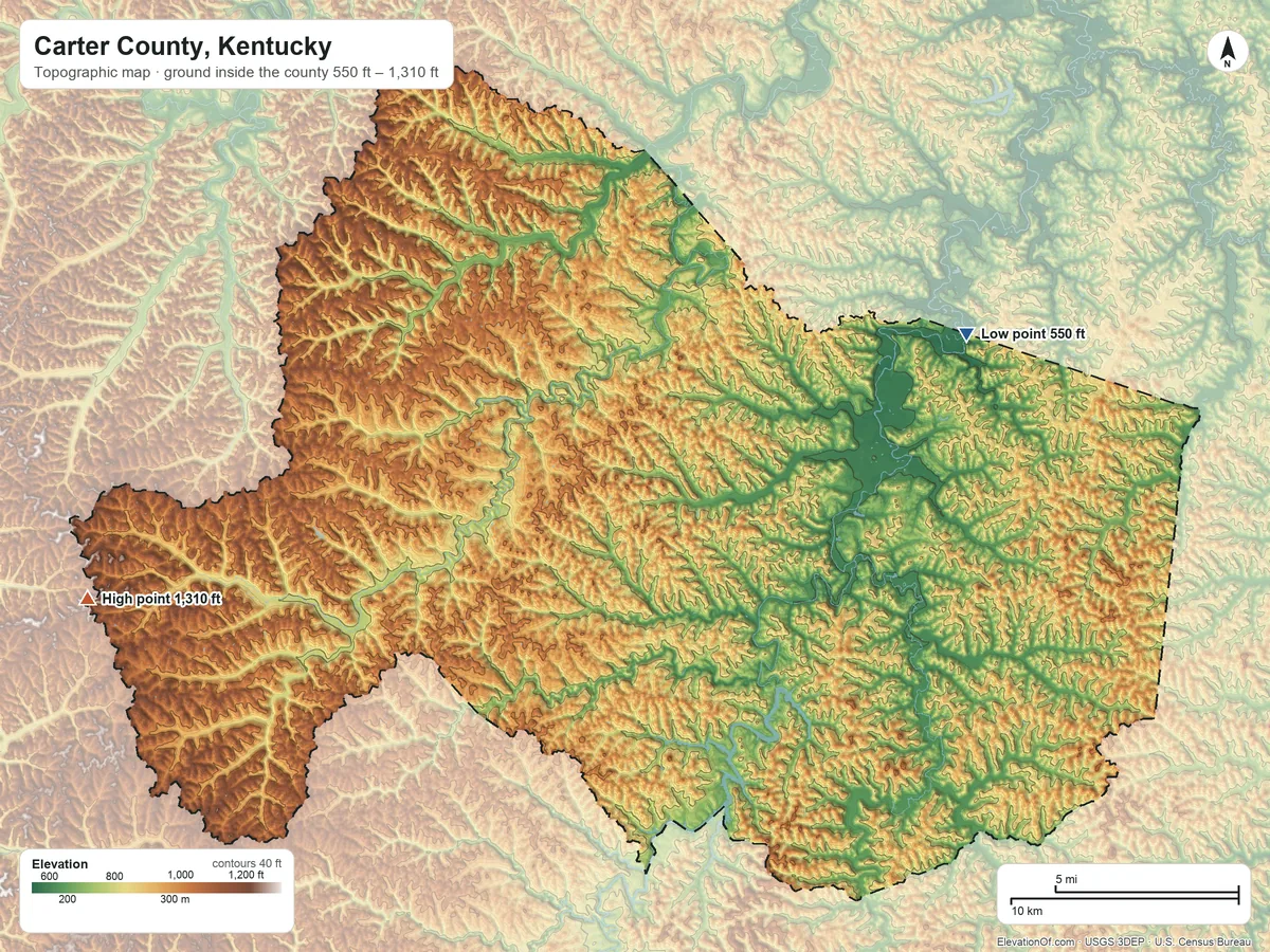 Topographic elevation map of Carter County, Kentucky, shaded from 550 ft on the northeast side to 1,310 ft on the west side