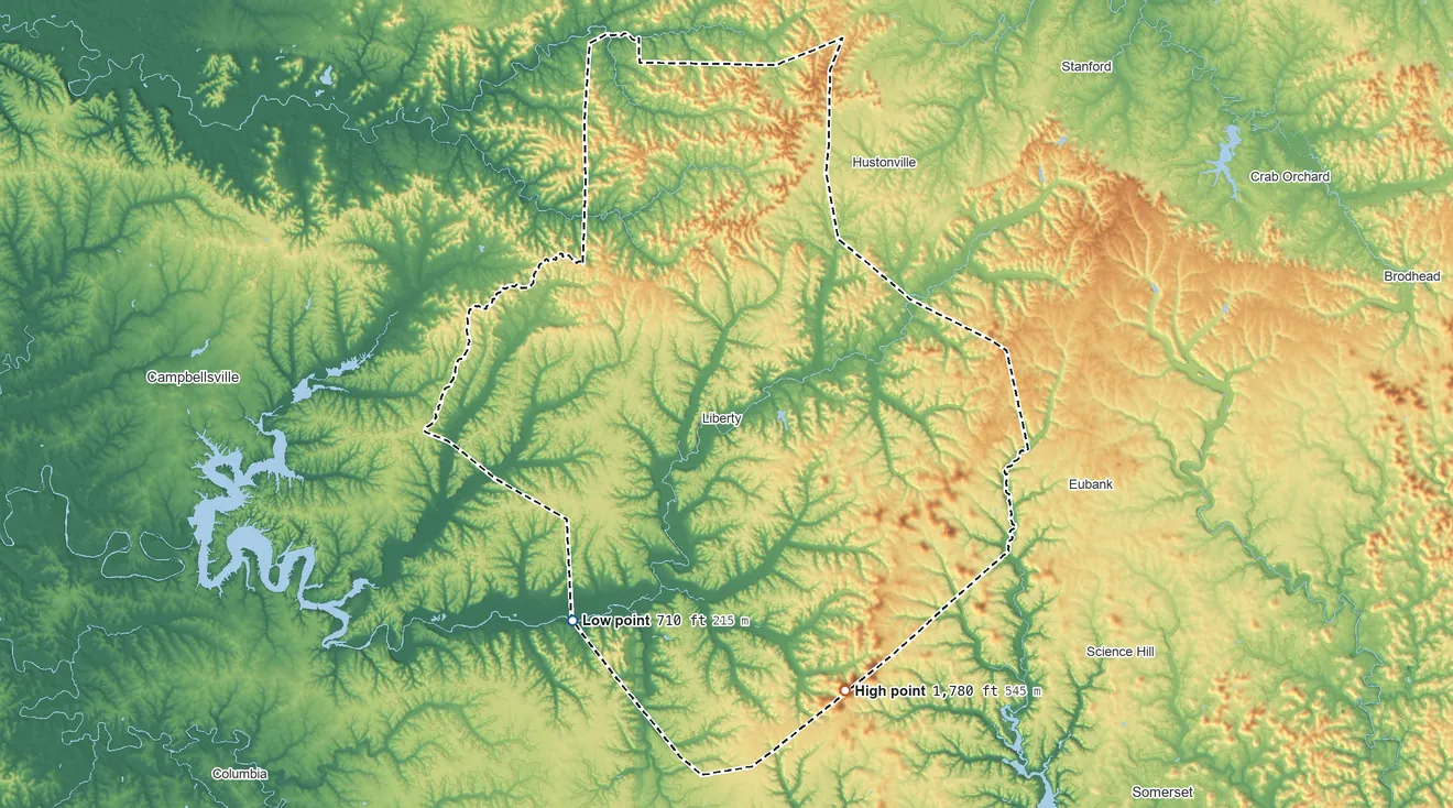 Topographic elevation map of Casey County, Kentucky, shaded from 710 ft on the southwest side to 1,780 ft on Green River Knob