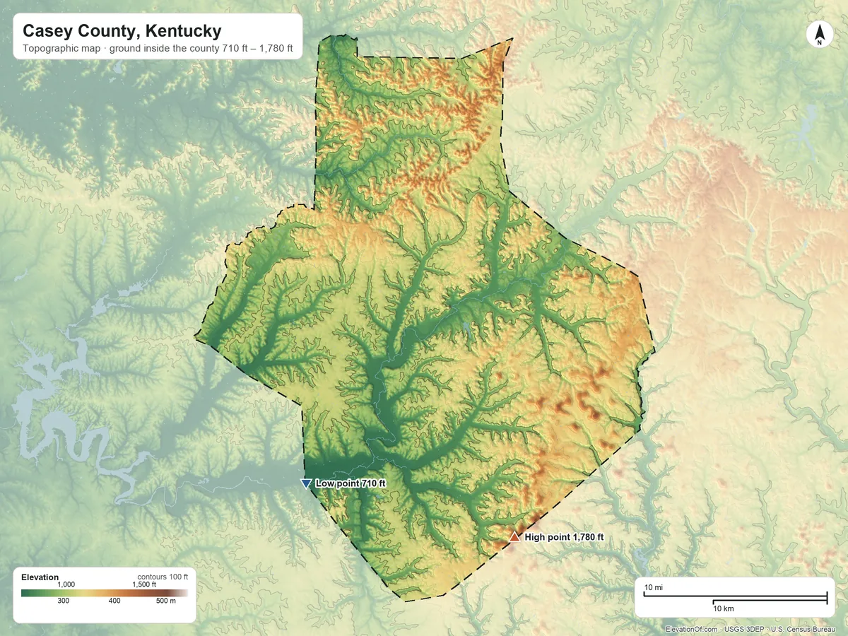 Topographic elevation map of Casey County, Kentucky, shaded from 710 ft on the southwest side to 1,780 ft on Green River Knob