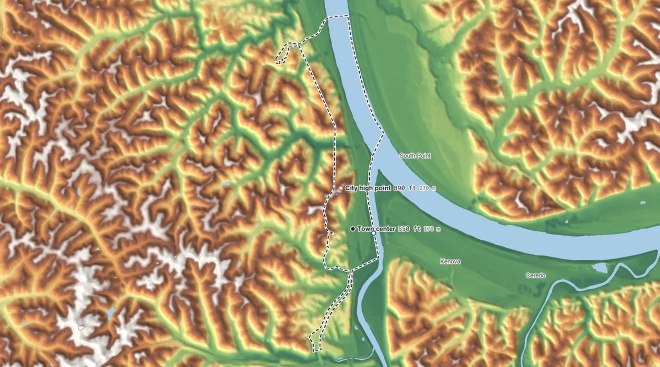 Topographic elevation map of Catlettsburg, Kentucky, shaded from 520 ft near the middle to 890 ft on the north side
