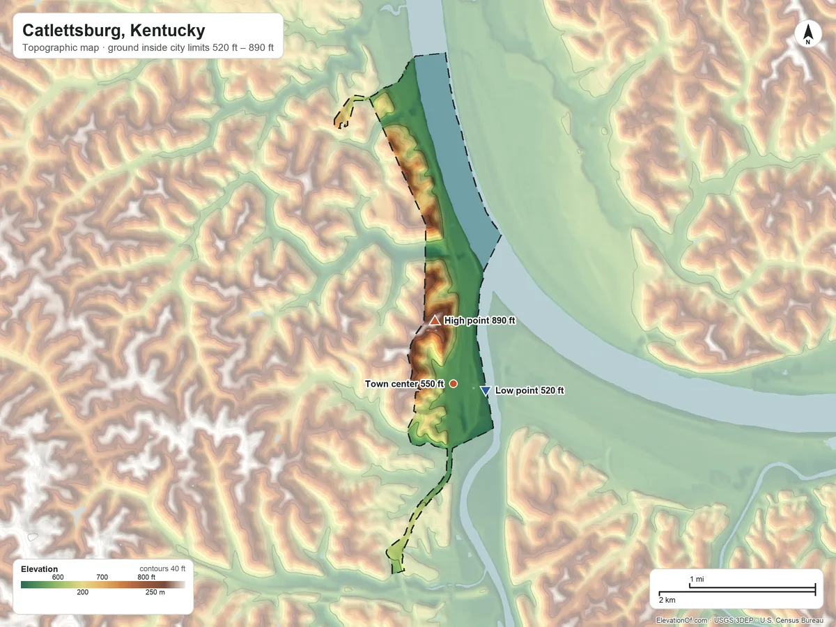 Topographic elevation map of Catlettsburg, Kentucky, shaded from 520 ft near the middle to 890 ft on the north side