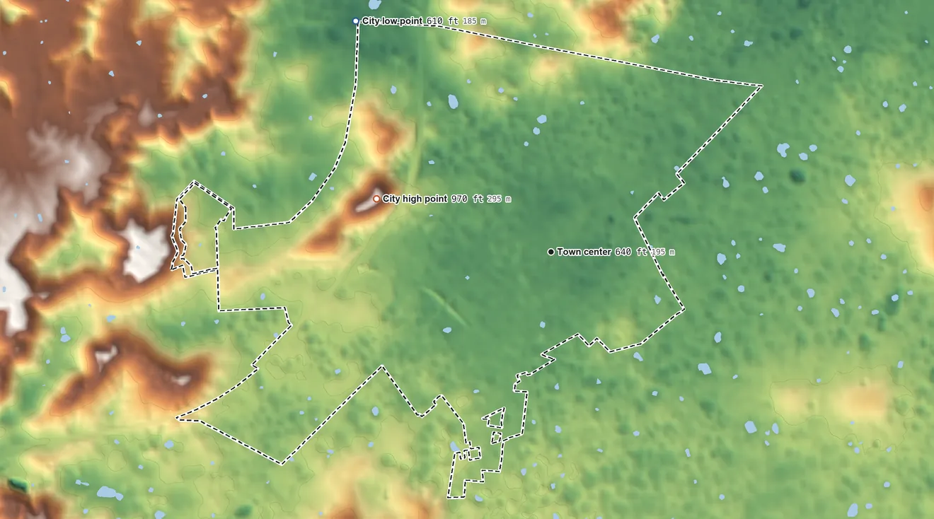 Topographic elevation map of Cave City, Kentucky, shaded from 610 ft on the northwest side to 966 ft on Huckleberry Knob