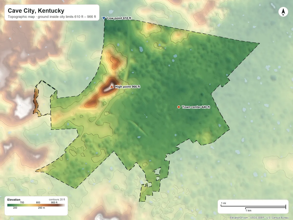 Topographic elevation map of Cave City, Kentucky, shaded from 610 ft on the northwest side to 966 ft on Huckleberry Knob