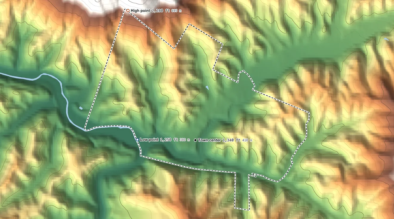 Topographic elevation map of Cawood, Kentucky, shaded from 1,250 ft on the west side to 2,280 ft at the foot of the Pine Mountain