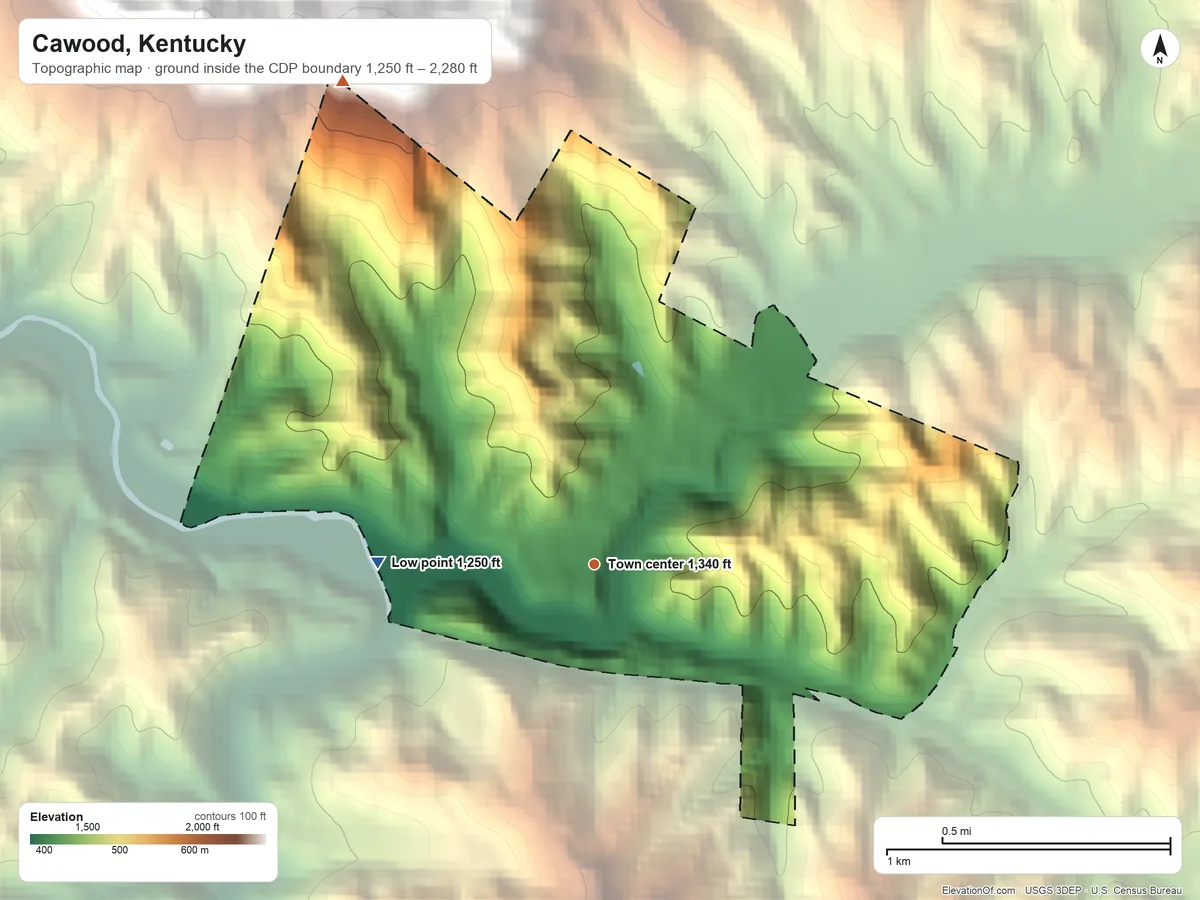 Topographic elevation map of Cawood, Kentucky, shaded from 1,250 ft on the west side to 2,280 ft at the foot of the Pine Mountain