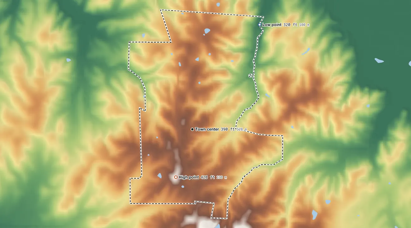 Topographic elevation map of Cayce, Kentucky, shaded from 320 ft on the northeast side to 420 ft on the south side