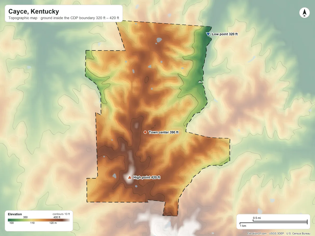 Topographic elevation map of Cayce, Kentucky, shaded from 320 ft on the northeast side to 420 ft on the south side