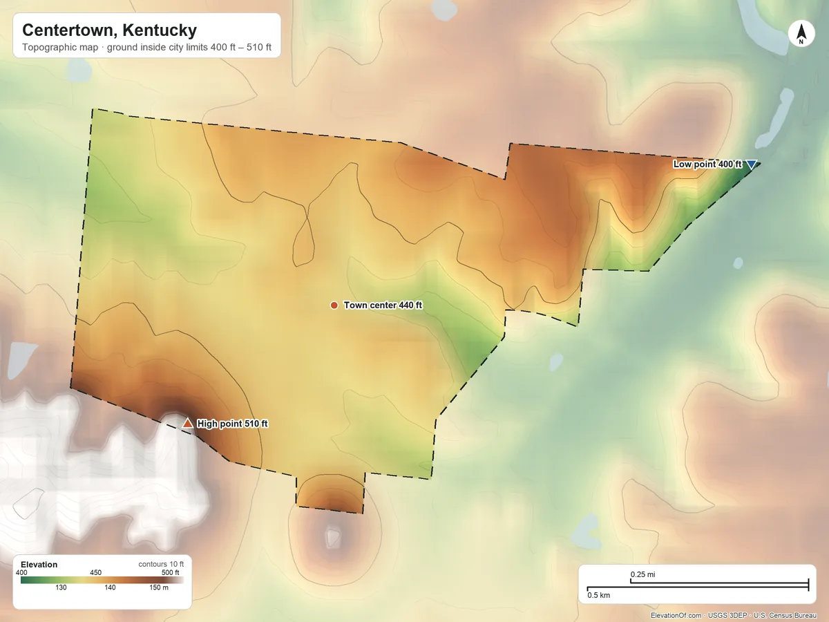 Topographic elevation map of Centertown, Kentucky, shaded from 400 ft on the east side to 510 ft on the southwest side