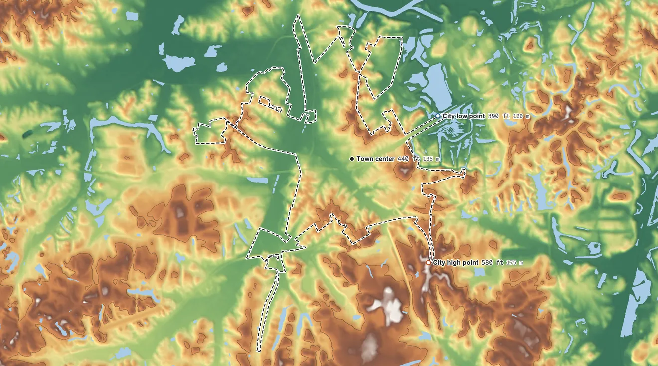 Topographic elevation map of Central City, Kentucky, shaded from 390 ft on the northeast side to 580 ft on the southeast side