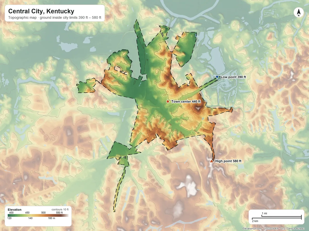 Topographic elevation map of Central City, Kentucky, shaded from 390 ft on the northeast side to 580 ft on the southeast side