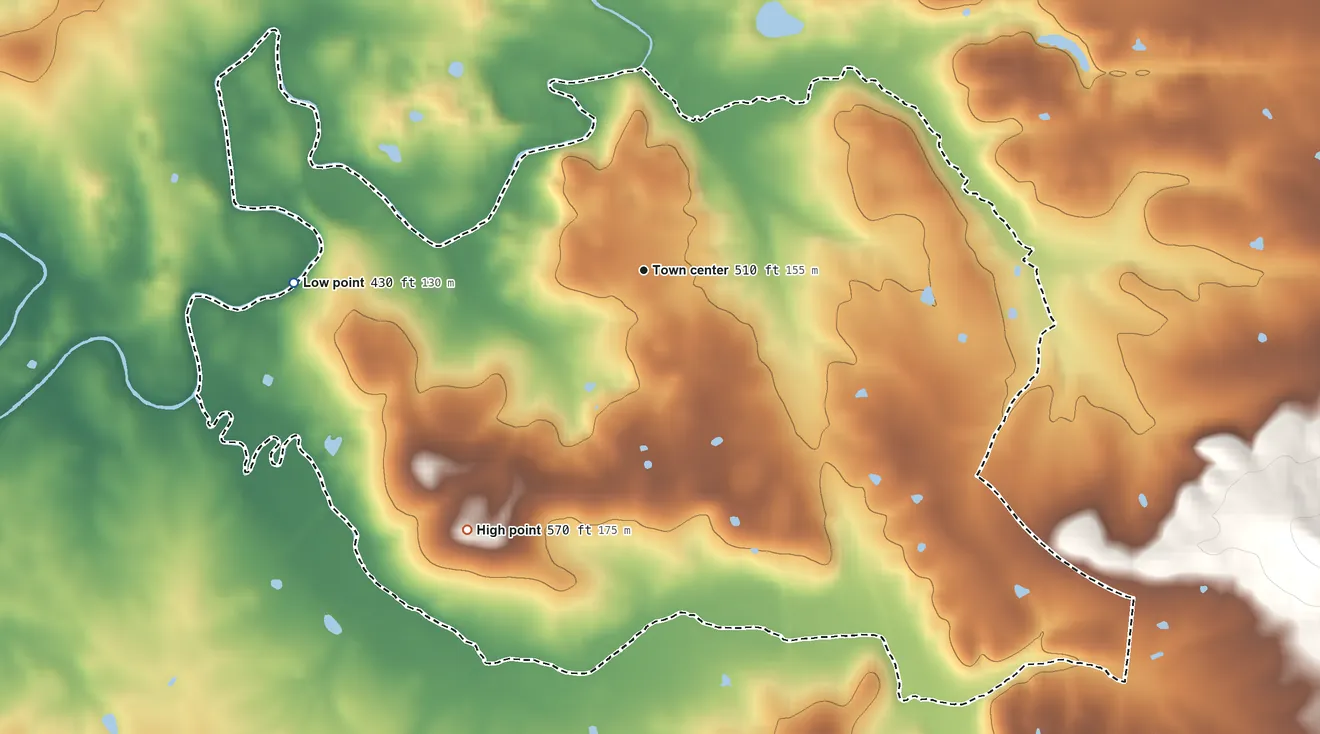 Topographic elevation map of Cerulean, Kentucky, shaded from 430 ft on the west side to 570 ft on the southwest side