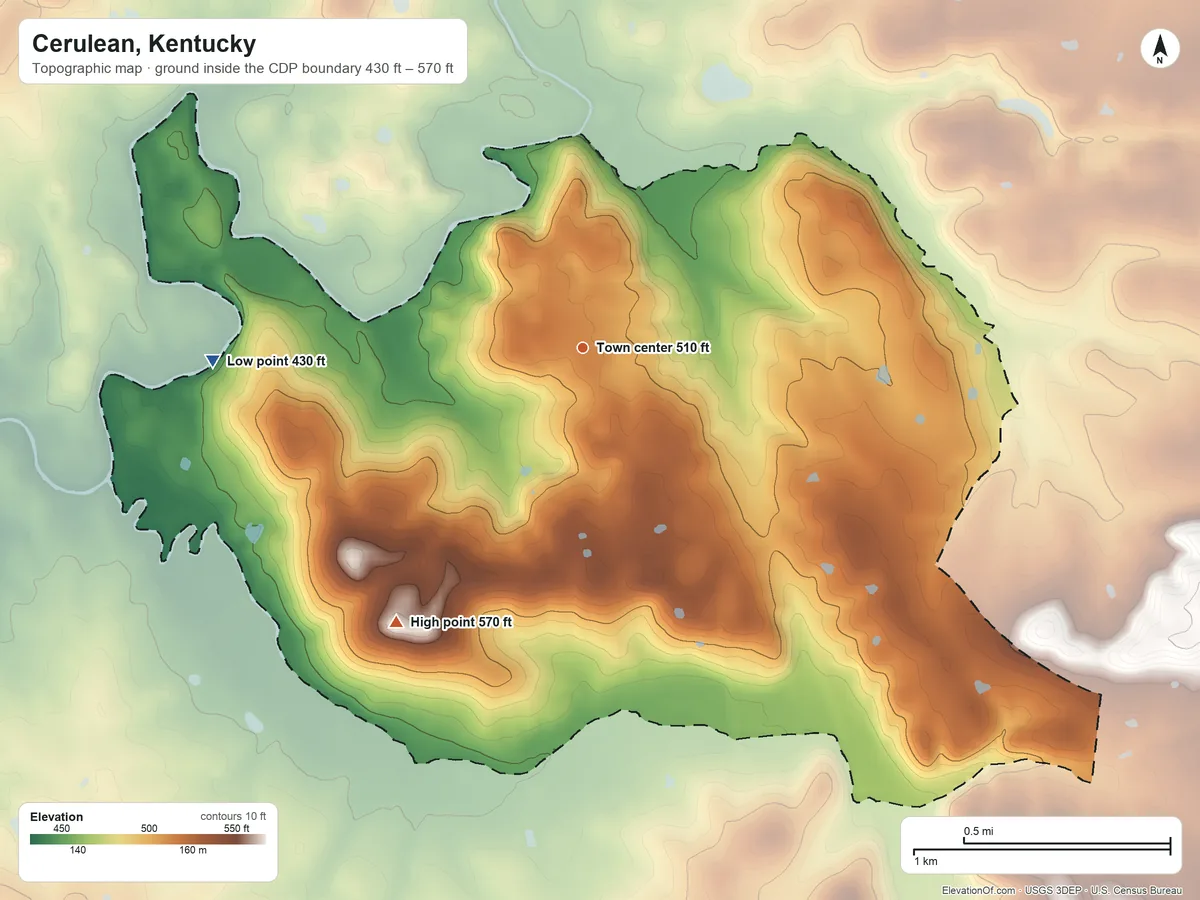 Topographic elevation map of Cerulean, Kentucky, shaded from 430 ft on the west side to 570 ft on the southwest side