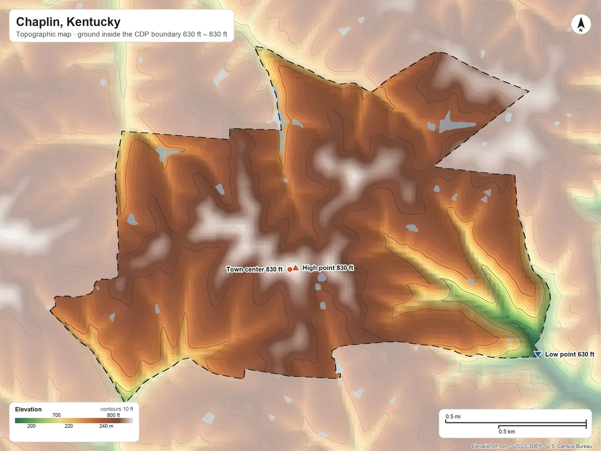 Topographic elevation map of Chaplin, Kentucky, shaded from 630 ft on the east side to 830 ft near the middle