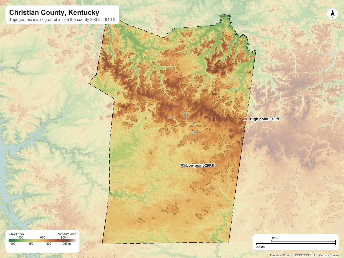 Topographic elevation map of Christian County, Kentucky, shaded from 290 ft on the south side to 910 ft on the east side
