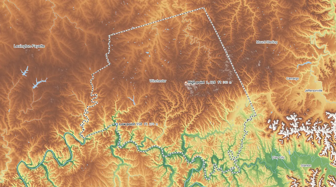 Topographic elevation map of Clark County, Kentucky, shaded from 550 ft on the southwest side to 1,120 ft near the middle