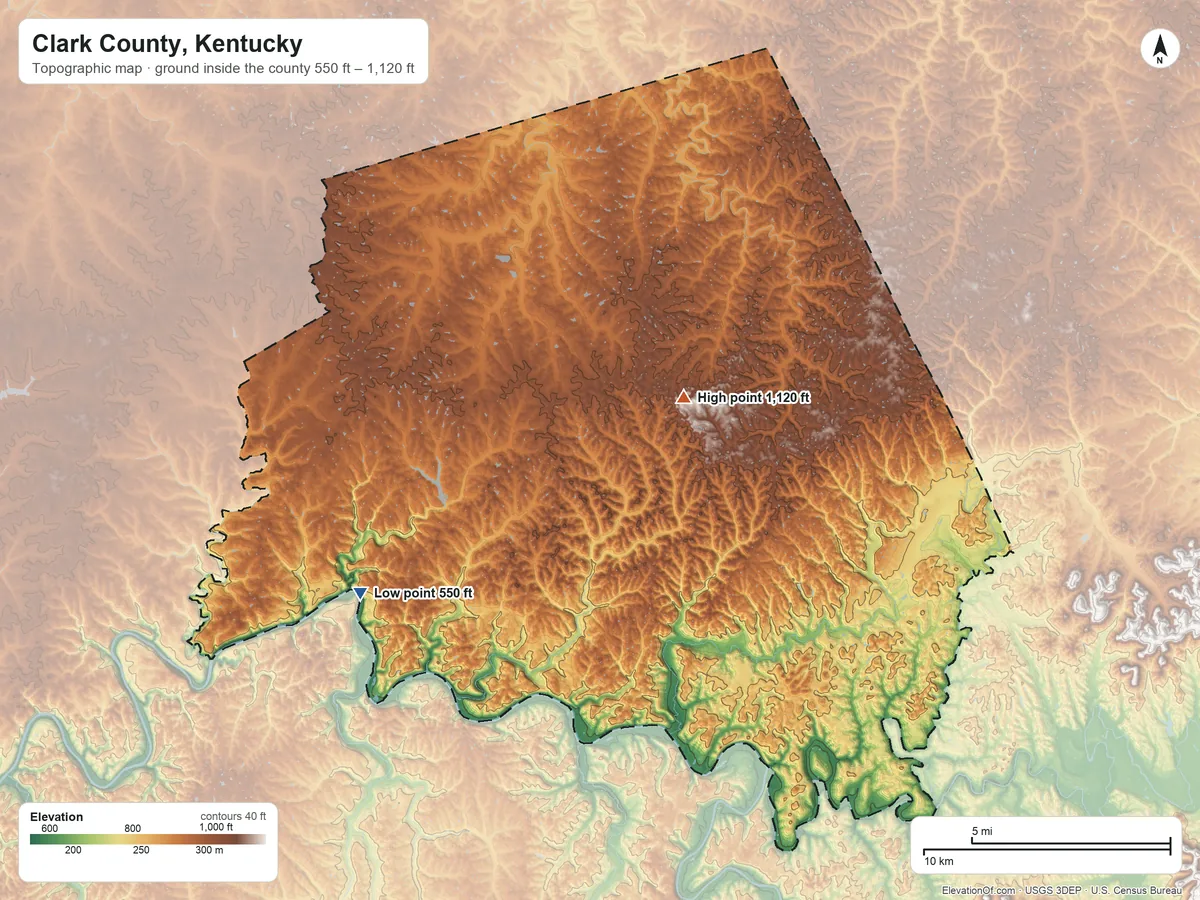 Topographic elevation map of Clark County, Kentucky, shaded from 550 ft on the southwest side to 1,120 ft near the middle