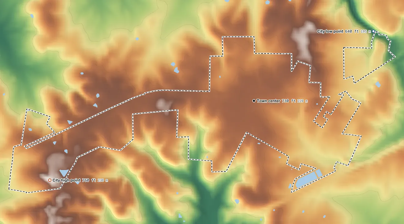 Topographic elevation map of Clarkson, Kentucky, shaded from 640 ft on the northeast side to 760 ft on the west side