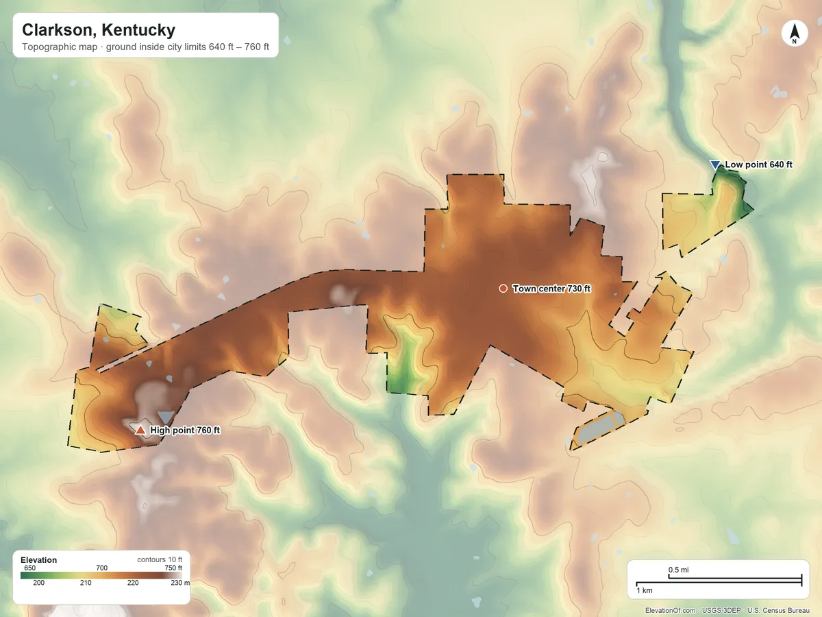 Topographic elevation map of Clarkson, Kentucky, shaded from 640 ft on the northeast side to 760 ft on the west side