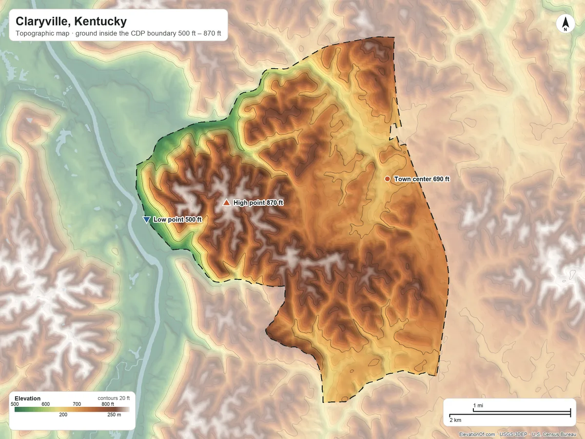 Topographic elevation map of Claryville, Kentucky, shaded from 500 ft on the west side to 870 ft on the west side