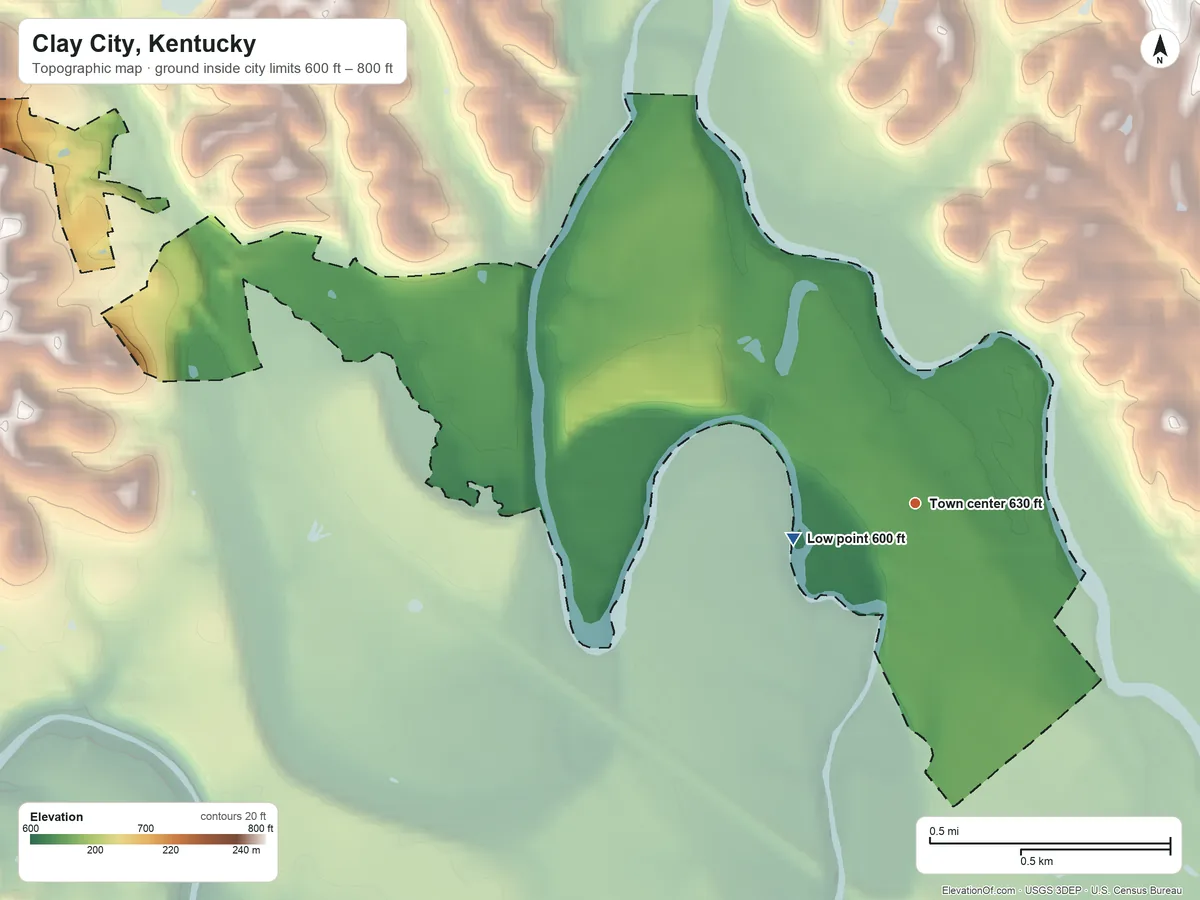 Topographic elevation map of Clay City, Kentucky, shaded from 600 ft on the west side to 800 ft on the west side