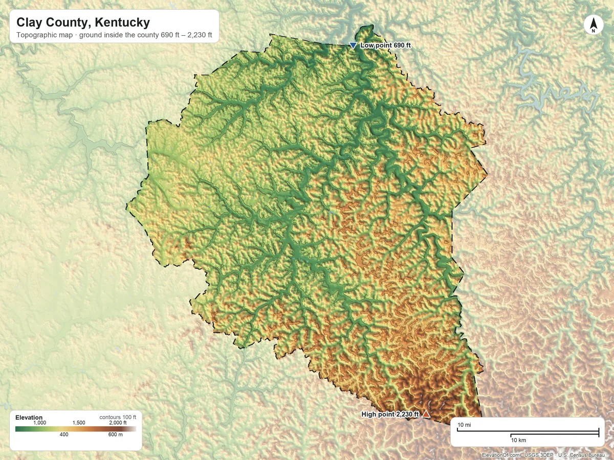 Topographic elevation map of Clay County, Kentucky, shaded from 690 ft on the north side to 2,230 ft on the southeast side