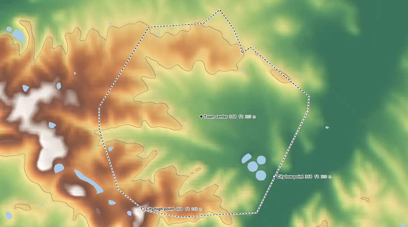 Topographic elevation map of Clay, Kentucky, shaded from 360 ft on the southeast side to 460 ft on the southwest side
