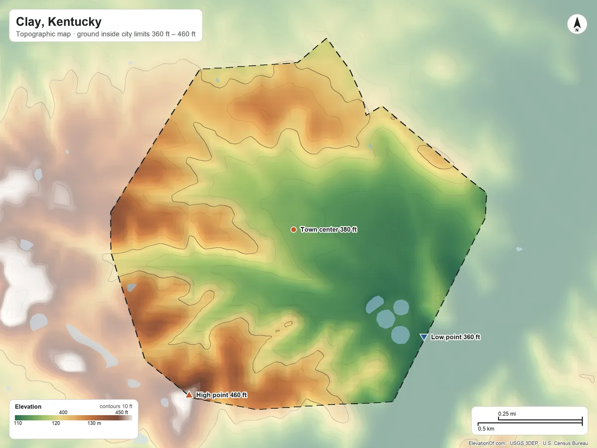 Topographic elevation map of Clay, Kentucky, shaded from 360 ft on the southeast side to 460 ft on the southwest side
