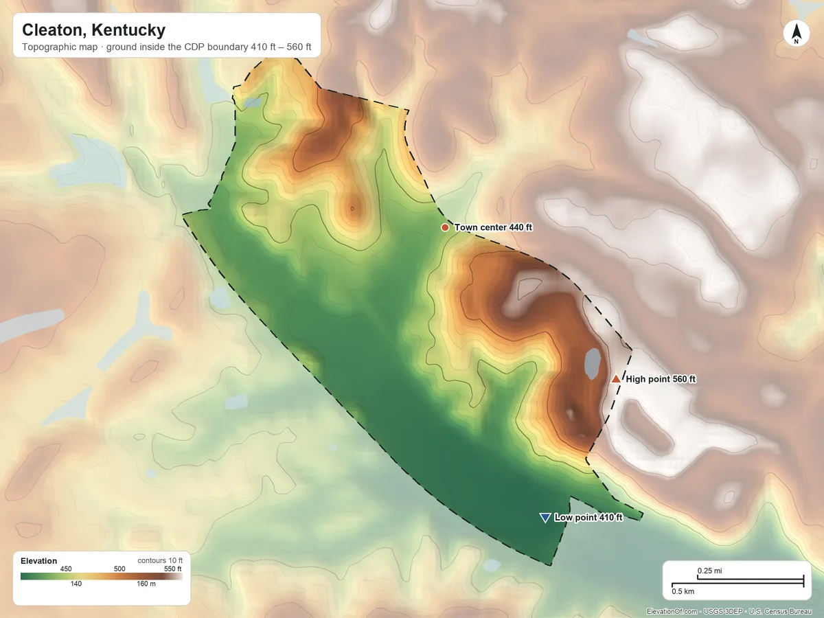 Topographic elevation map of Cleaton, Kentucky, shaded from 410 ft on the south side to 560 ft on the southeast side