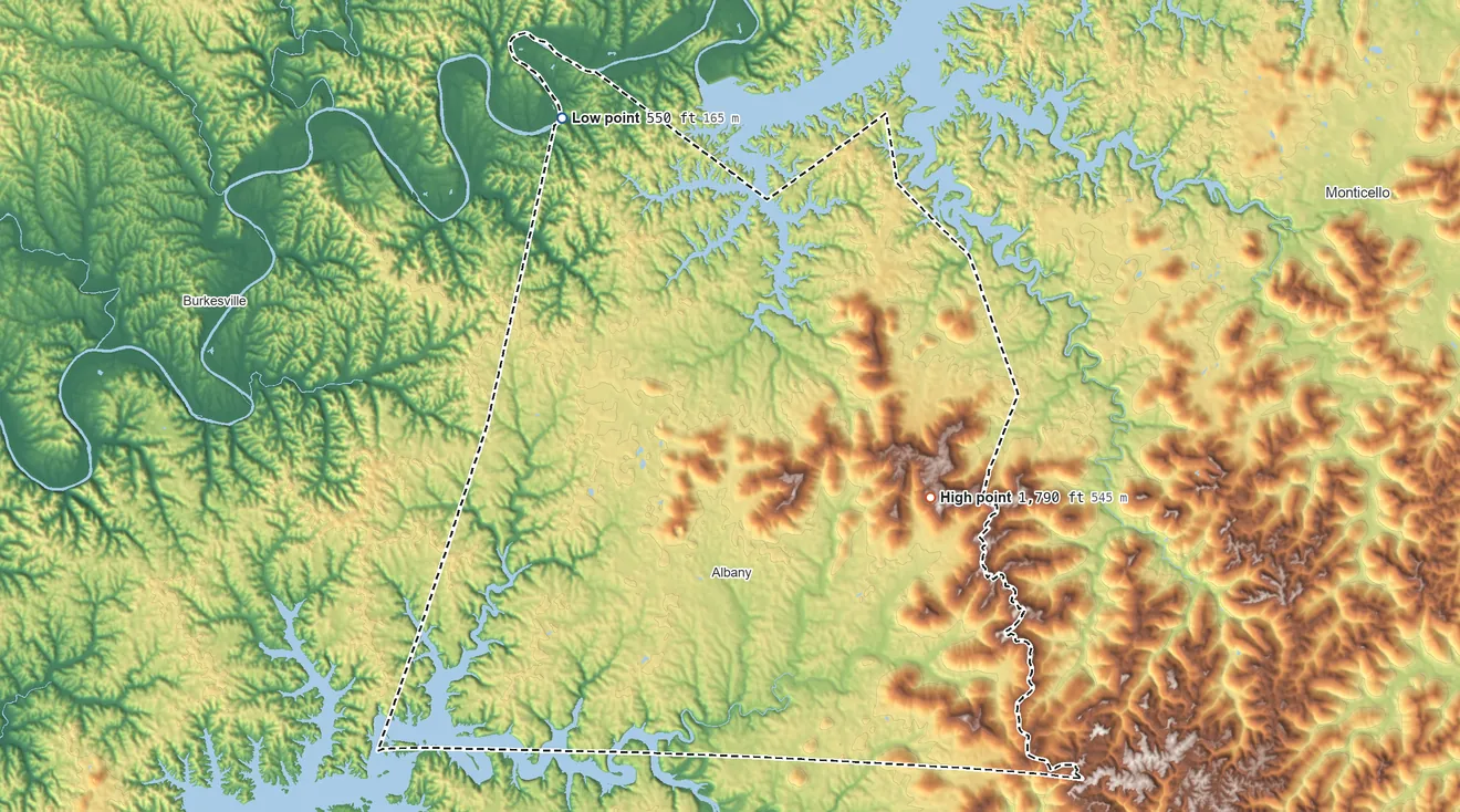 Topographic elevation map of Clinton County, Kentucky, shaded from 550 ft on the northwest side to 1,790 ft on the southeast side