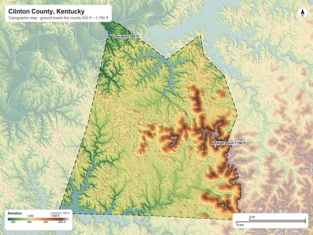 Topographic elevation map of Clinton County, Kentucky, shaded from 550 ft on the northwest side to 1,790 ft on the southeast side