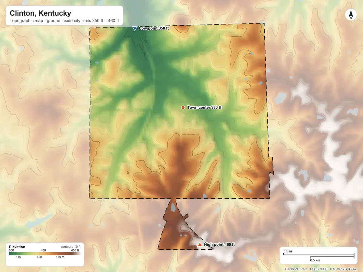 Topographic elevation map of Clinton, Kentucky, shaded from 350 ft on the northwest side to 460 ft on the south side