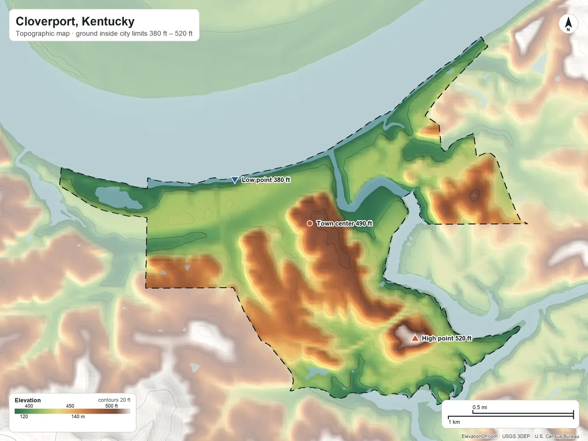 Topographic elevation map of Cloverport, Kentucky, shaded from 380 ft on the northwest side to 520 ft on the southeast side
