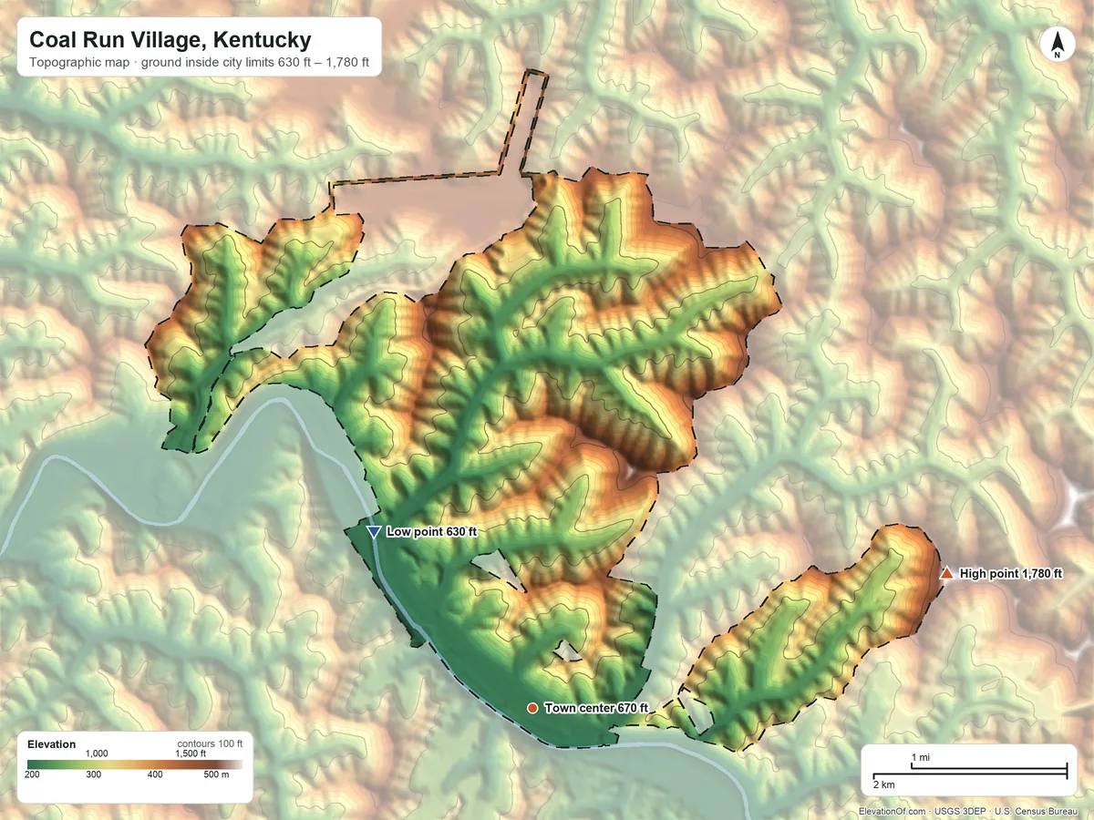 Topographic elevation map of Coal Run Village, Kentucky, shaded from 630 ft on the northwest side to 1,780 ft on the east side