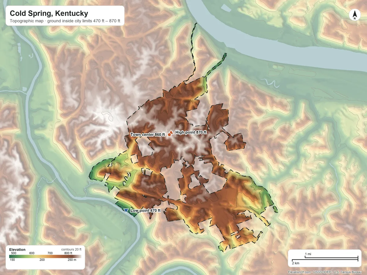 Topographic elevation map of Cold Spring, Kentucky, shaded from 470 ft on the southwest side to 870 ft near the middle