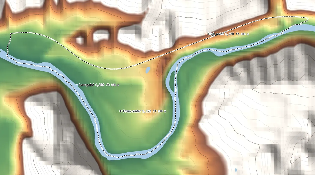 Topographic elevation map of Coldiron, Kentucky, shaded from 1,090 ft on the northwest side to 1,270 ft at the foot of the Pine Mountain