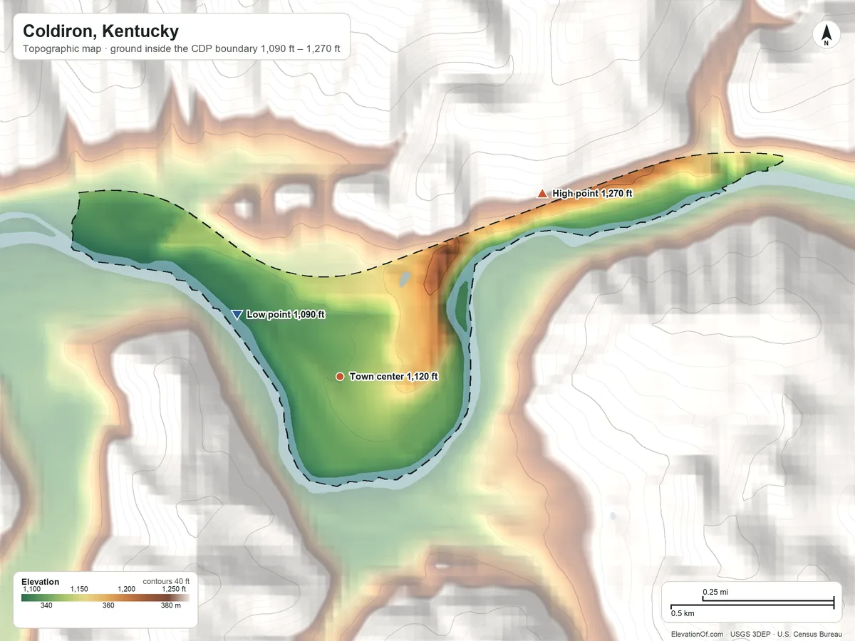 Topographic elevation map of Coldiron, Kentucky, shaded from 1,090 ft on the northwest side to 1,270 ft at the foot of the Pine Mountain