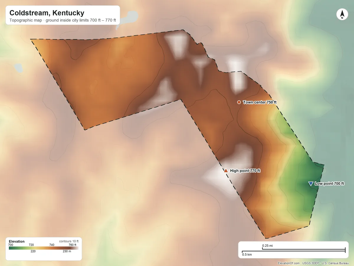Topographic elevation map of Coldstream, Kentucky, shaded from 700 ft on the southeast side to 770 ft on the south side