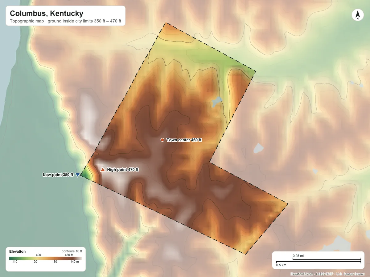 Topographic elevation map of Columbus, Kentucky, shaded from 350 ft on the west side to 470 ft on the southwest side