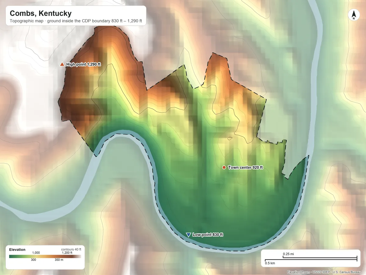 Topographic elevation map of Combs, Kentucky, shaded from 830 ft on the southwest side to 1,290 ft on the northwest edge, below higher ground just outside