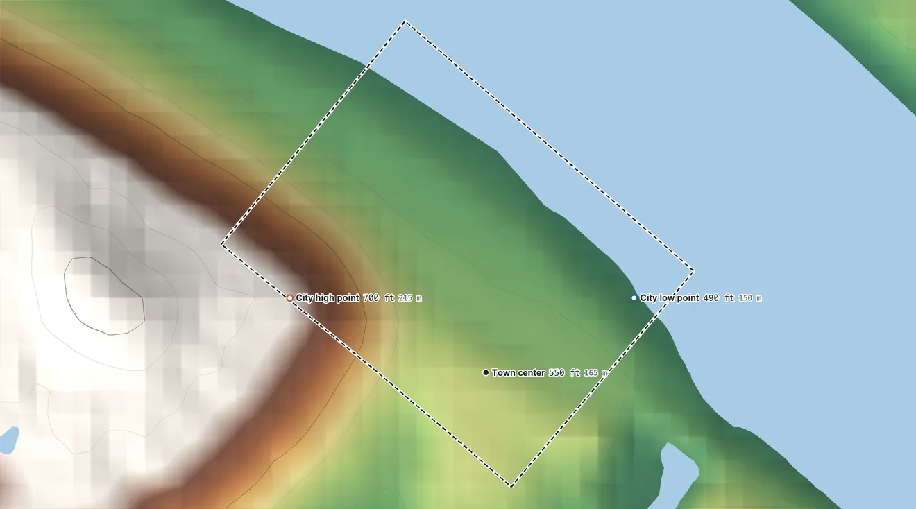 Topographic elevation map of Concord, Kentucky, shaded from 490 ft on the northeast side to 700 ft on the west edge, below higher ground just outside